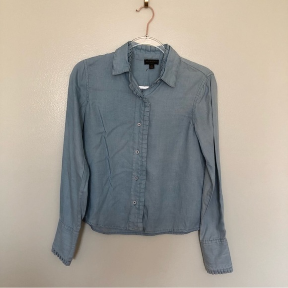 Anthropologie Current Air Chambray Button Up Shirt Ruffle Trim Blue XS - Picture 1 of 6
